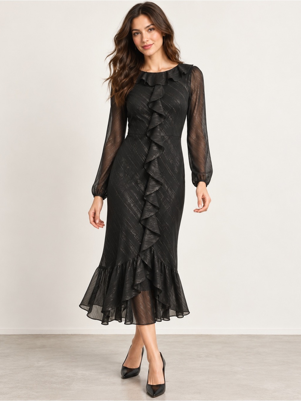 B Darlin Black Long-Sleeve Ruffle Midi Dress Sz 1/2
